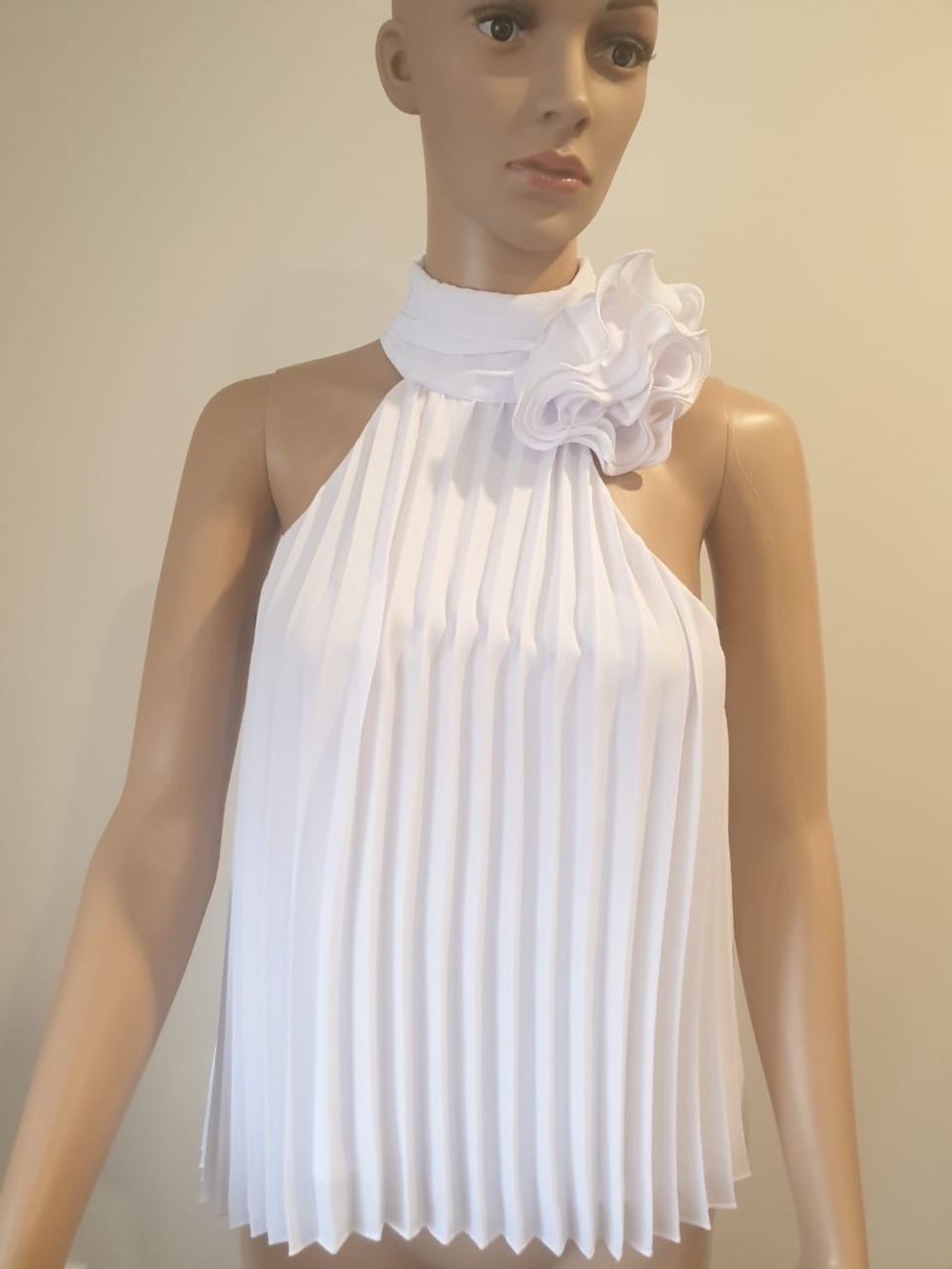 White Pleated Halter Top with Floral Accent